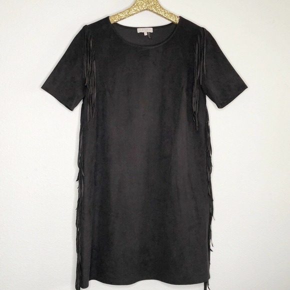 1. State Dress Fringe Black Faux Suede Shift Southwestern Boho Mini - Picture 2 of 8